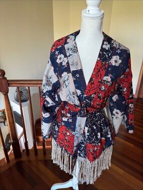 Free People - Floral Patchwork Fringe Kimono Jacket - Red Navy Cream